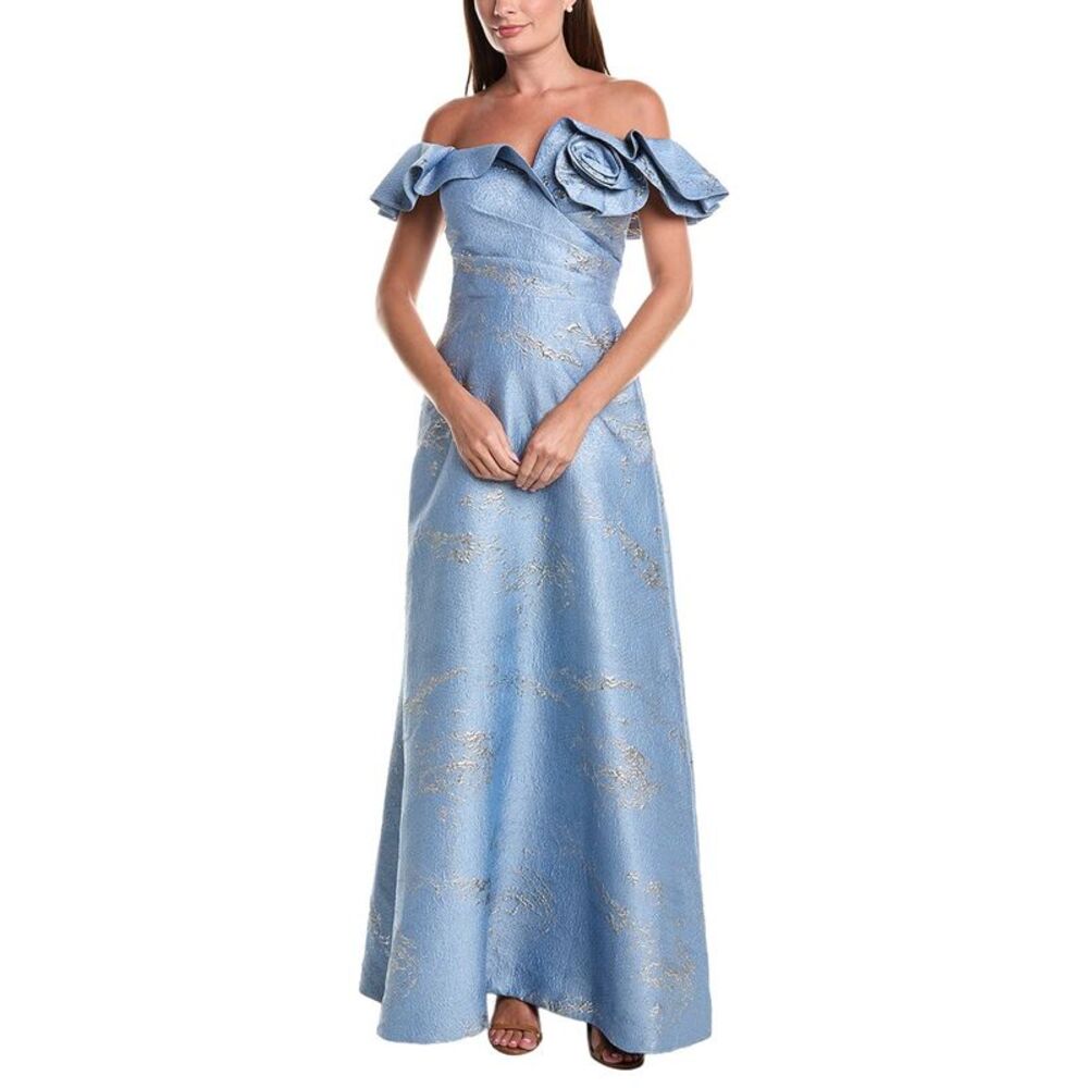 Teri Jon By Rickie Freeman Womens Jacquard Ruffle Off-Shoulder Dress, Blue